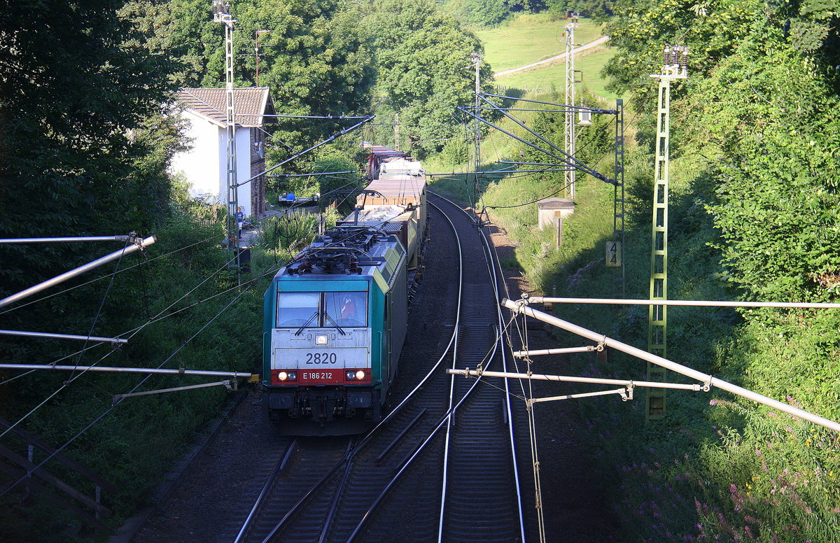Die Cobra 2820  kommt die Gemmenicher-Rampe hochgefahren aus Aachen-West mit einem Containerzug aus Gallarate(I) nach Antwerpen-Oorderen(B) und fährt gleich in den Gemmenicher-Tunnel hinein und fährt in Richtung Montzen/Vise(B).
Aufgenommen in Reinartzkehl an der Montzenroute. 
Bei Sommerwetter am 15.8.2016.