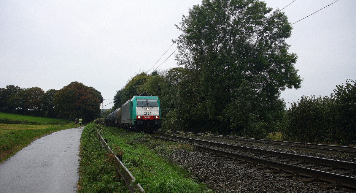 Die Cobra 2824  kommt die Gemmenicher-Rampe herunter nach Aachen-West mit einem Kurzen Kesselzug aus 
Antwerpen(B) nach Aachen-West(D).
Aufgenommen an der Montzenroute am Gemmenicher-Weg bei Regenwertter am Abend vom 29.9.2014.