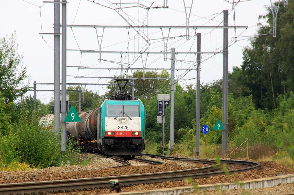 Die Cobra 2825 fhrt mit einem langen gemischten Gterzug aus Kln-Gremberg nach Antwerpen-Noord(B) und kommt aus Richtung Aachen-West und fhrt durch Montzen-Gare(B) und fhrt in Richtung Vise(B) bei Wolken am 22.9.2013.