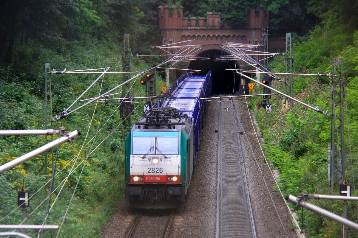 Die Cobra 2826 kommt aus dem Gemmenicher-Tunnel aus Belgien mit einem langen Citroen-Autoleerzug aus Belgien und fhrt nach Aachen-West und rollt die Gemmenicher-Rampe herunter nach Aachen-West. Aufgenommen in Reinartzkehl auf der Montzenroute bei Sommerwetter am 14.8.2013.