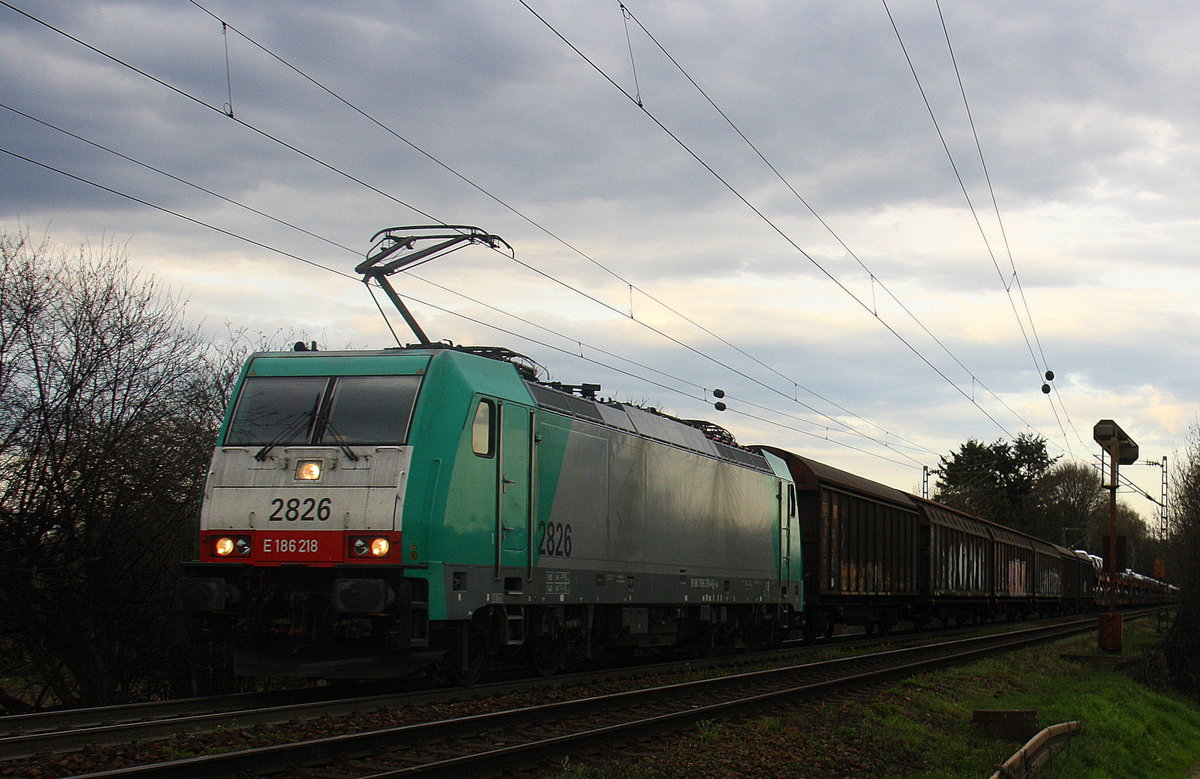 Die Cobra 2826  kommt aus Richtung Aachen-West und fährt die Gemmenicher-Rampe hoch mit einem langen Audi-VW-Zug aus Osnabrück nach Kortenberg-Goederen(B) und fährt in Richtung Montzen/Belgien. 
Aufgenommen an der Montzenroute am Gemmenicher-Weg. 
Bei Sonne und Wolken am Abend vom 11.4.2016.