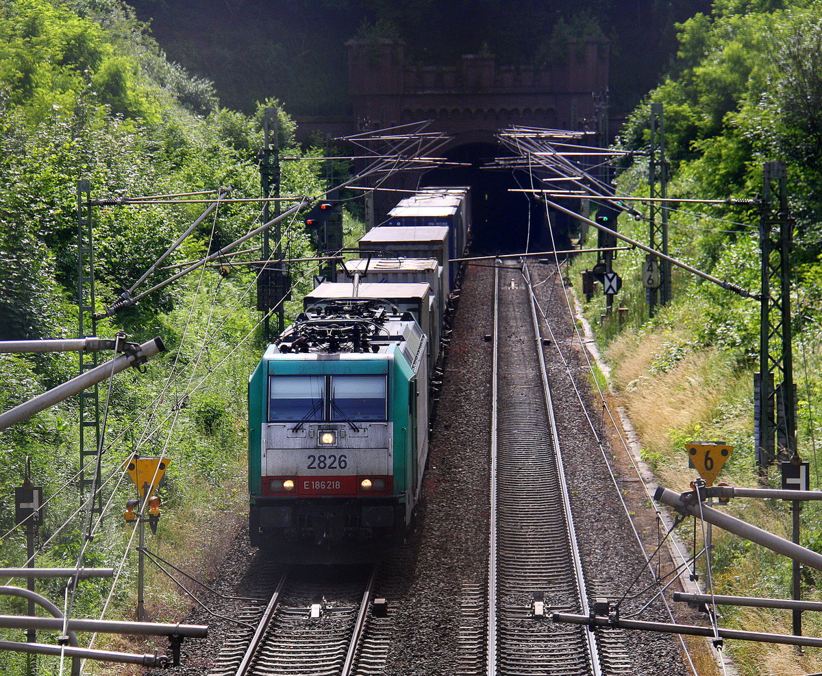 Die Cobra 2826 kommt aus dem Gemmenicher-Tunnel raus mit einem Containerzug aus Genk-Zuid-Haven(B) nach Novara(I) und fährt nach Aachen-West und rollt die Gemmenicher-Rampe herunter nach Aachen-West. Aufgenommen in Reinartzkehl auf der Montzenroute. 
Bei Sommerwetter am Nachmittag vom 7.7.2016.