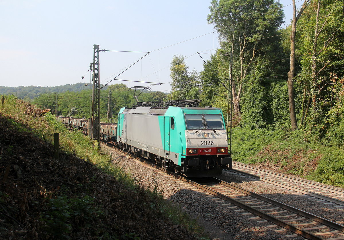 Die Cobra 2826 kommt die Gemmenicher-Rampe herunter nach Aachen-West mit einem Coilleerzug aus Genk-Goederen(B) nach Köln-Eifeltor(D). 
Aufgenommen an der Gemmenicher-Rampe am Gemmenicher-Weg an der Montzenroute. 
Bei Sommerwetter am Mittag vom 25.7.2018.