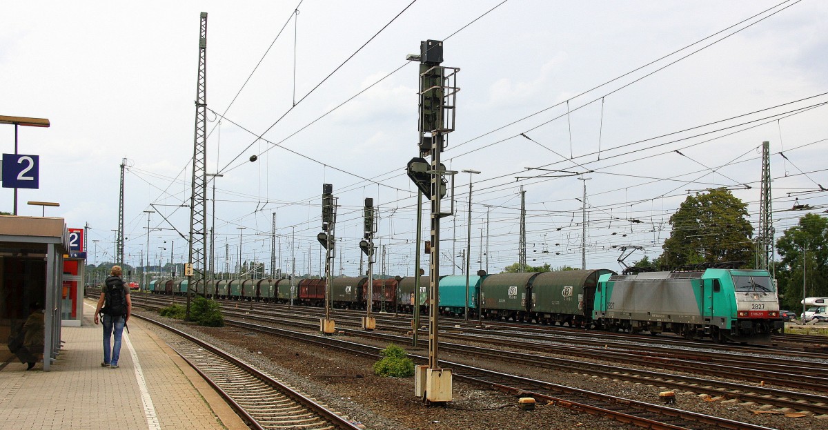 Die Cobra 2827 fährt mit einem Kurzen Coilzug aus Kinkempois(B) nach Köln-Gremberg bei der Ausfahrt aus Aachen-West und fährt in Richtung Aachen-Schanz,Aachen-Hbf,Köln. 
Aufgenommen vom Bahnsteig in Aachen-West am 6.8.2014.