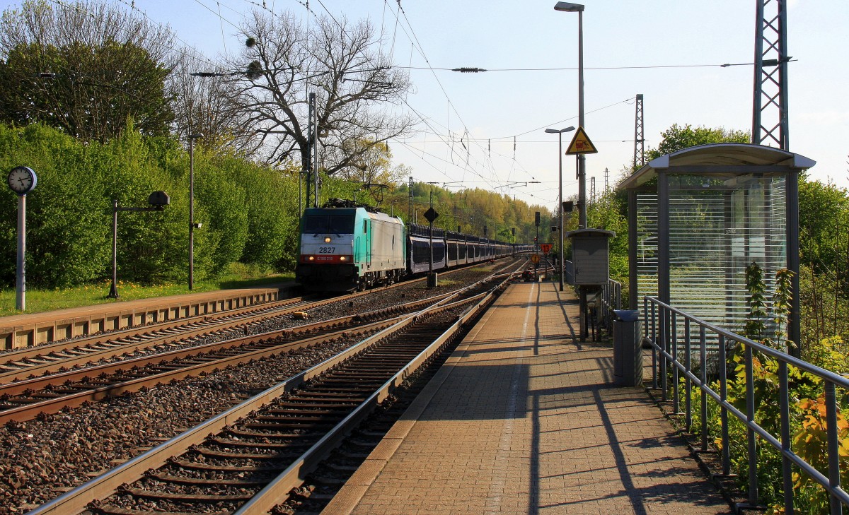 Die Cobra 2827 kommt aus Richtung Aachen-West mit einem langen Citroen-Autoleerzug aus Zeebrugge-Ramskapelle(B) nach Gelsenkirchen-Bismarck und fährt durch Kohlscheid und fährt in Richtung Herzogenrath,Neuss  bei schönem Frühlingswetter am 19.4.2014.