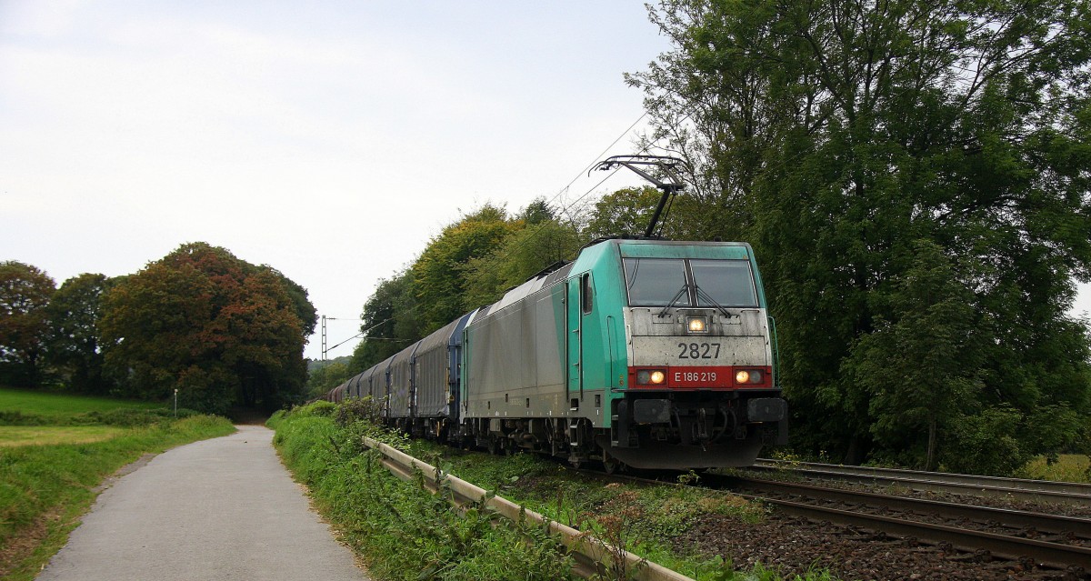 Die Cobra 2827  kommt die Gemmenicher-Rampe herunter nach Aachen-West mit einem Kurzen Coilzug aus Kinkempois(B) nach Köln-Gremberg.
Aufgenommen an der Montzenroute am Gemmenicher-Weg am 29.9.2014.