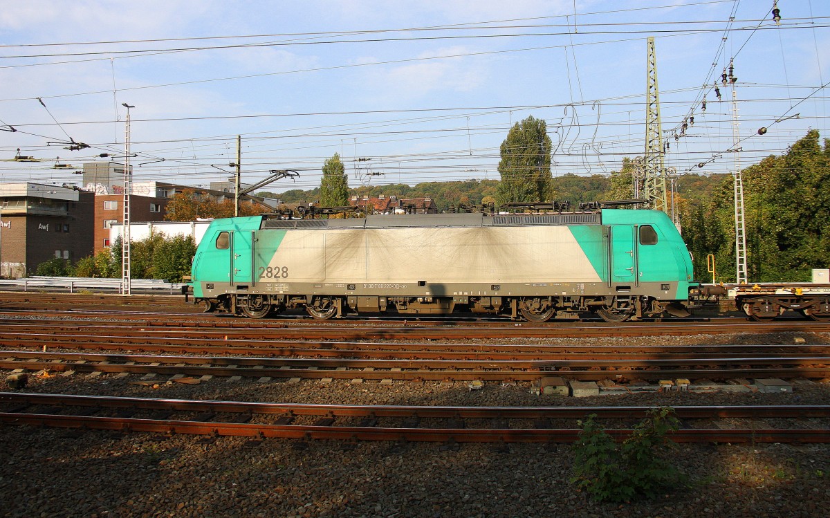 Die Cobra 2828 kommt aus Richtung Köln,Aachen-Hbf,Aachen-Schanz mit einem langen gemischten Güterzug aus Köln-Gremberg nach Antwerpen-Noord(B) und fährt in Aachen-West ein. 
Aufgenommen vom Bahnsteig in Aachen-West bei schöner Abendsonne am Abend vom 1.10.2014.