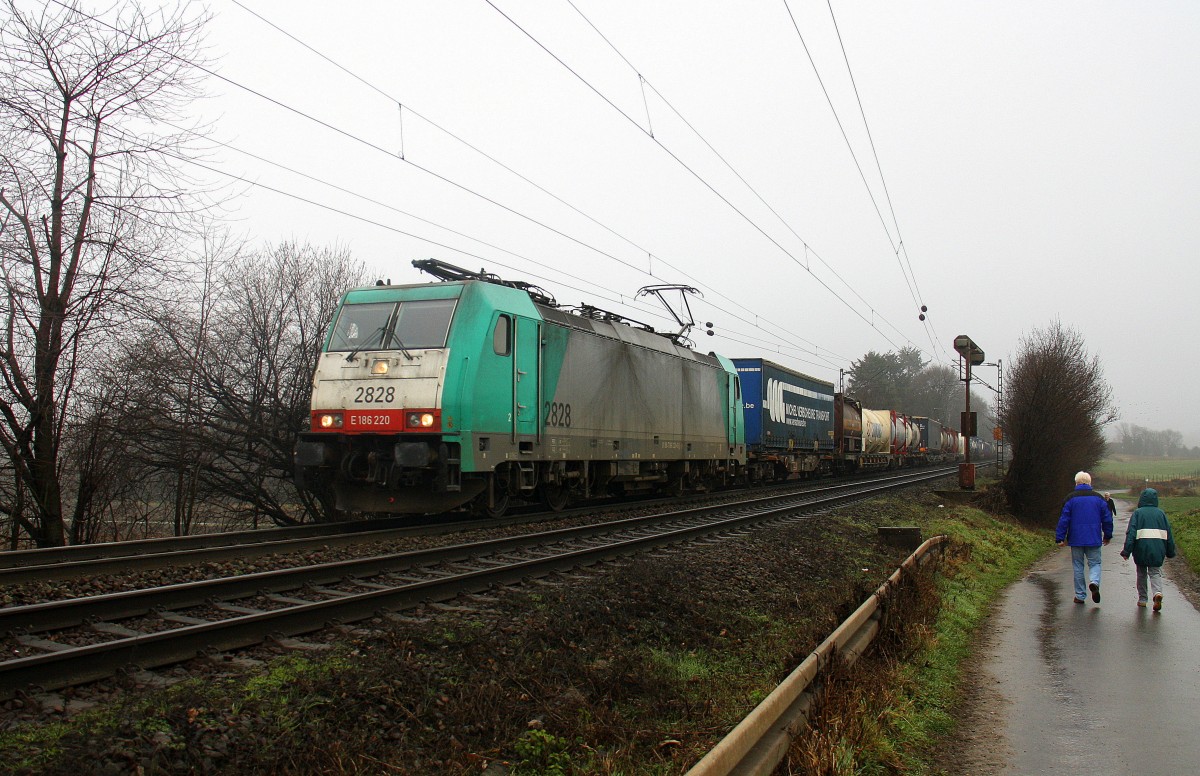 Die Cobra 2828 kommt aus Richtung Aachen-West und fährt die Gemmenicher-Rampe hochgefahren mit einem langen Containerzug aus Gallarate(I) nach Antwerpen-Oorderen(B) und fährt in Richtung Montzen/Belgien. Aufgenommen an der Montzenroute am Gemmenicher-Weg.
Bei Niselregen am Vormittag vom 23.1.2016. 
