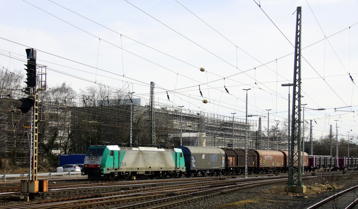 Die Cobra 2829  kommt aus Richtung Köln,Aachen-Hbf mit einem langen gemischten Güterzug aus Köln-Gremberg nach Antwerpen-Noord(B) und fährt in Aachen-West ein. Aufgenommen vom Bahnsteig in Aachen-West.  
Bei schönem Frühlingswetter am 7.3.2015.