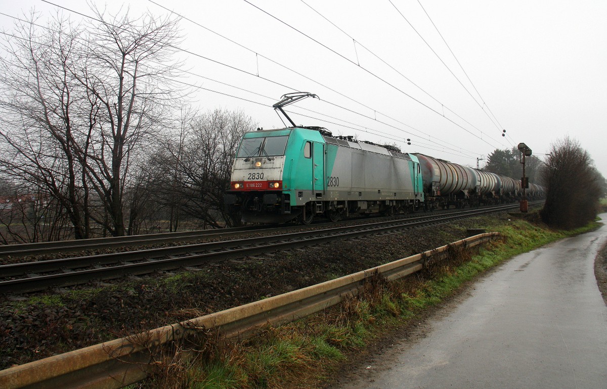 Die Cobra 2830 kommt aus Richtung Aachen-West und fährt die Gemmenicher-Rampe hoch mit einem langen Ölleerzug aus Basel(CH) nach Antwerpen-Petrol(B) und fährt in Richtung Gemmenicher-Tunnel,Botzelaer(B),Gemmenich(B),Nouvelaer(B),Moresnet(B),Moresnet-Chapelle(B),Montzen(B). Aufgenommen an der Gemmenicher-Rampe am Gemmenicher-Weg an der Montzenroute.
Bei Niselregen am Vormittag vom 23.1.2016.