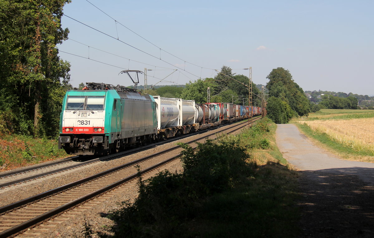 Die Cobra 2831 kommt aus Richtung Aachen-West und fährt die Gemmenicher-Rampe hoch mit einem langen Containerzug aus Gallarate(I) nach Antwerpen-Combinant(B) und fährt in Richtung Montzen/Belgien. 
Aufgenommen an der Montzenroute am Gemmenicher-Weg. 
Bei Sommerwetter am Nachmittag vom 27.7.2018.