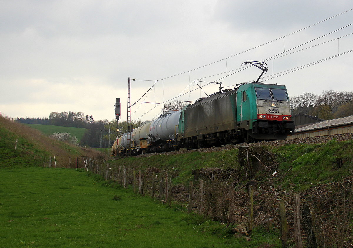 Die Cobra 2831 kommt die Gemmenicher-Rampe herunter nach Aachen-West mit einem Kesselzug aus Antwerpen-Kanaaldok(B) nach Millingen-Solvay(D).
Aufgenommen von einem Weg in Reinartzkehl.
Bei Wolken am Kalten Nachmittag vom 5.4.2019.
