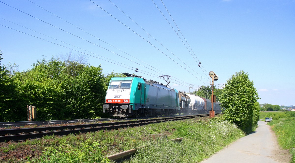 Die Cobra 2831 kommt mit viel Sand die Gemmenicher-Rampe hoch mit einem langen gemischten Güterzug aus Köln-Gremberg nach Antwerpen-Noord(B) aus Richtung Aachen-West und fährt in Richtung Gemmenicher-Tunnel,Botzelaer(B),Gemmenich(B),Nouvelaer(B),Moresnet(B),Moresnet-Chapelle(B),Montzen(B).
Bei tollem Sommerwetter am Nachmittag vom 18.5.2014. 