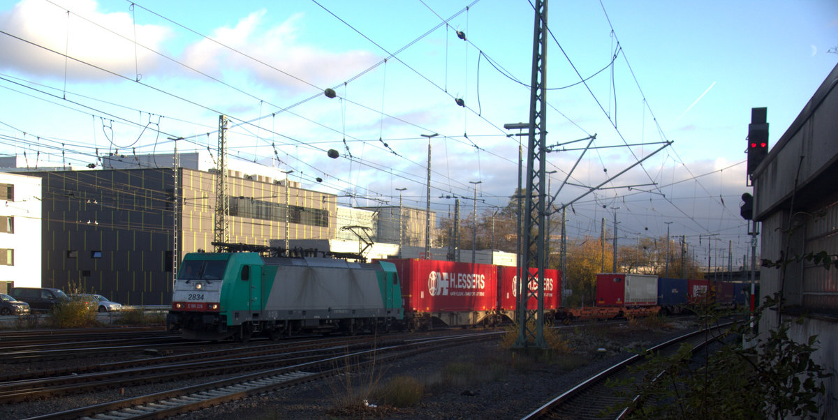 Die Cobra 2834 kommt aus Richtung Montzen/Belgien mit einem KLV-Containerzug aus Belgien nach Italien und fährt in Aachen-West ein. 
Bei Sonne und Wolken am Nachmittag vom 3.12.2019.