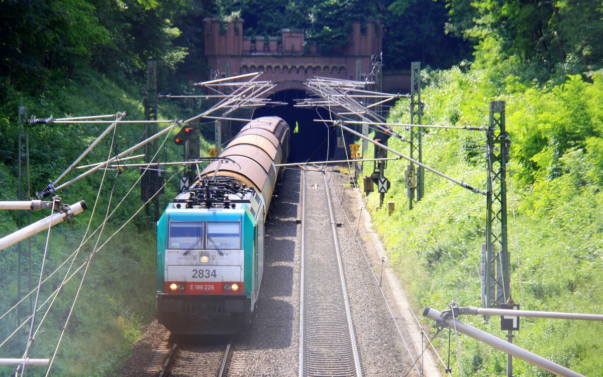 Die Cobra 2834 kommt aus dem Gemmenicher-Tunnel aus Belgien mit einem langen gemischten Gterzug aus Antwerpen-Noord(B) nach Kln-Gremberg und rollt die Gemmenicher-Rampe herunter nach Aachen-West.
Aufgenommen in Reinartzkehl auf der Montzenroute bei Sommerwetter am 5.7.2013.