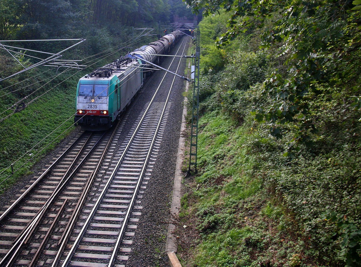 Die Cobra 2835 kommt aus dem Gemmenicher-Tunnel mit einem langen gemischten Güterzug aus Antwerpen-Noord(B) nach Köln-Gremberg und fährt die Gemmenicher-Rampe herunter nach Aachen-West.
Aufgenommen bei Reinartzkehl  an der Montzenroute bei schönem Herbstwetter am 3.10.2014.