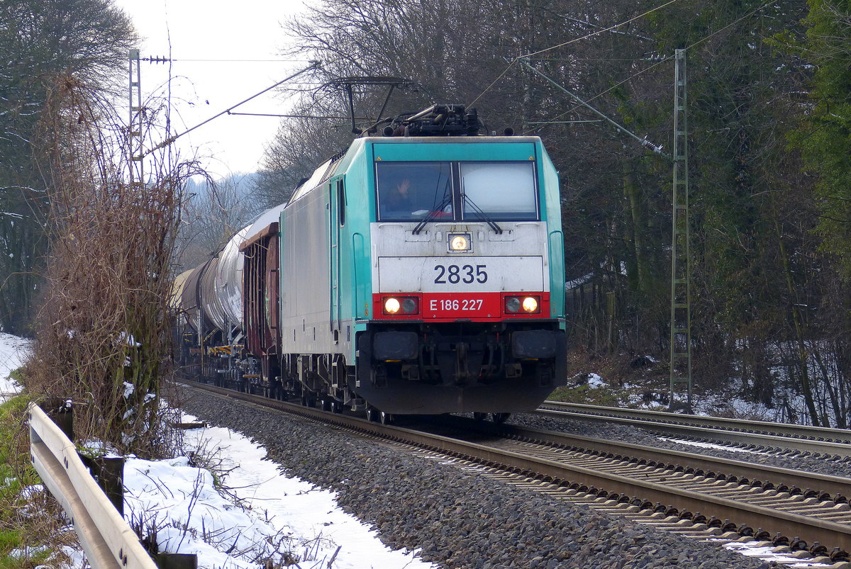 Die Cobra 2835  kommt die Gemmenicher-Rampe herunter nach Aachen-West mit einem Güterzug aus Antwerpen-Noord(B) nach Köln-Gremberg(D). 
Aufgenommen an der Montzenroute am Gemmenicher-Weg.
Bei Sonnenschein und Schnee am Kalten Nachmittag vom 8.2.2018.