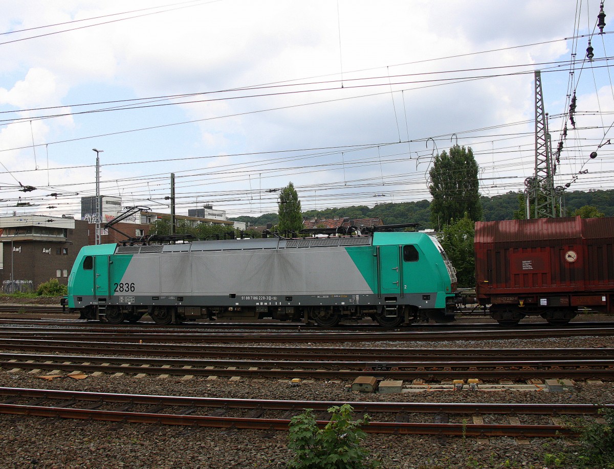Die Cobra 2836 kommt aus Richtung Köln,Aachen-Hbf mit einem langen gemischten Güterzug aus Köln-Gremberg nach Antwerpen-Noord(B) und fährt in Aachen-West ein. Aufgenommen vom Bahnsteig in Aachen-West bei schönem Sonnenschein am 5.8.2014. 