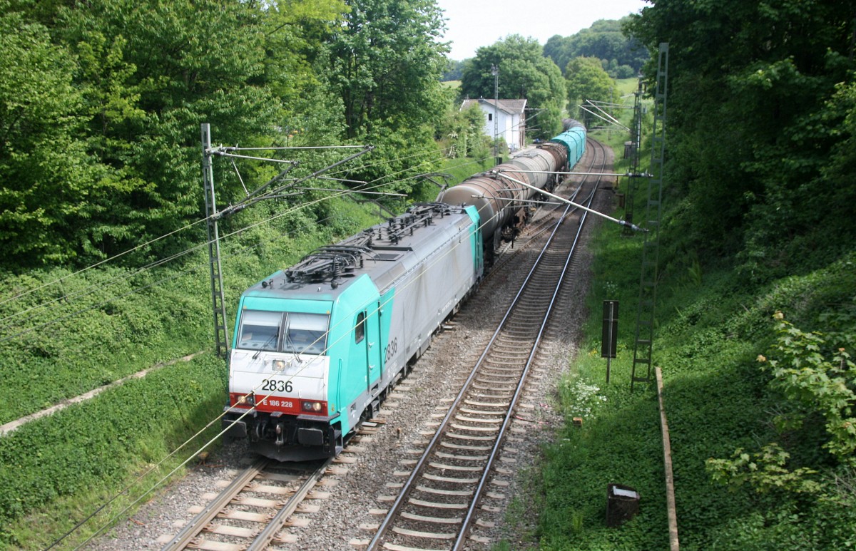 Die Cobra 2836 kommt die Gemmenicher-Rampe hochgefahren aus Aachen-West mit einem angen gemischten Güterzug aus Köln-Gremberg nach Antwerpen-Noord(B) und fährt gleich in den Gemmenicher-Tunnel hinein und fährt in Richtung Montzen/Vise(B). Aufgenommen in Reinartzkehl an der Montzenroute.
 Bei schönem Frühlingswetter am 23.5.2015.