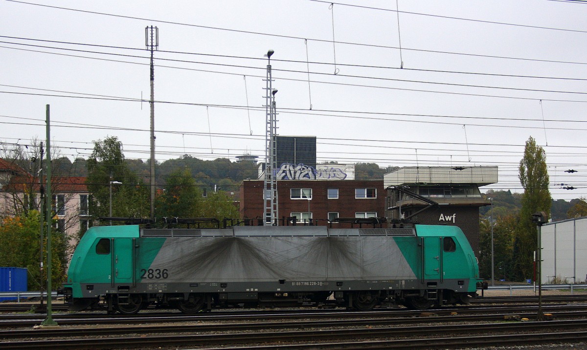 Die Cobra 2836 rangiert in Aachen-West. Aufgenommen vom Bahnsteig in Aachen-West bei Regenwolken am Mittag 25.10.2014.