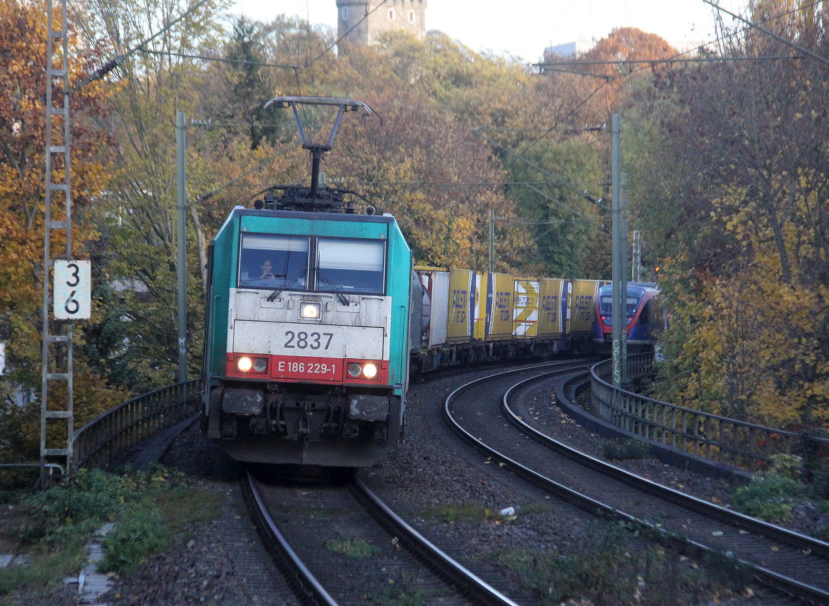 Die Cobra 2837  kommt durch Aachen-Schanz mit einem Güterzug aus Antwerpen-Noord(B) nach Wels(A) und kommt aus Richtung Aachen-West und fährt in Richtung Aachen-Hbf,Aachen-Rothe-Erde,Stolberg-Hbf(Rheinland)Eschweiler-Hbf,Langerwehe,Düren,Merzenich,Buir,Horrem,Kerpen-Köln-Ehrenfeld,Köln-West,Köln-Süd. 
Aufgenommen vom Bahnsteig von Aachen-Schanz.
Am Morgen vom 7.11.2018.