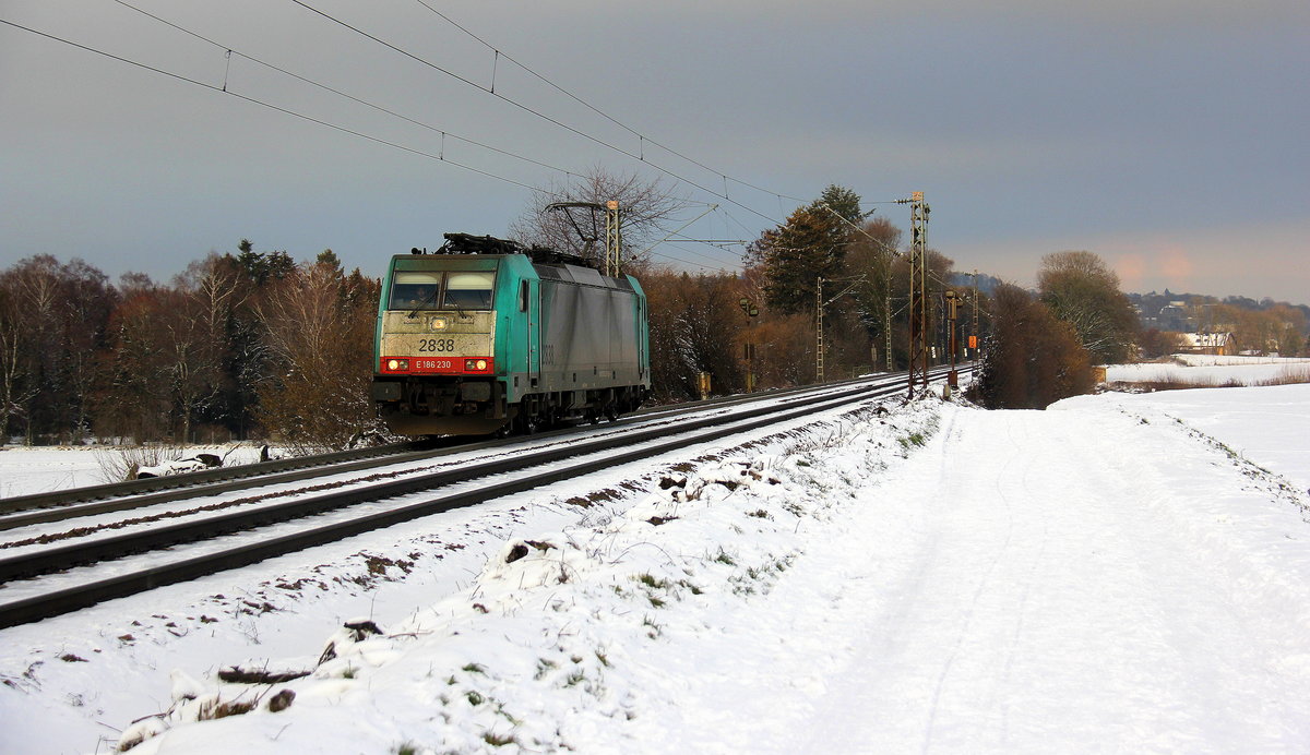 Die Cobra 2838 kommt als Lokzug von Aachen-West nach Belgien und fährt die Gemmenicher-Rampe hoch. 
Aufgenommen an der Montzenroute am Gemmenicher-Weg. 
Bei Sonne und Schnee am Kalten Nachmittag vom 31.1.2019.