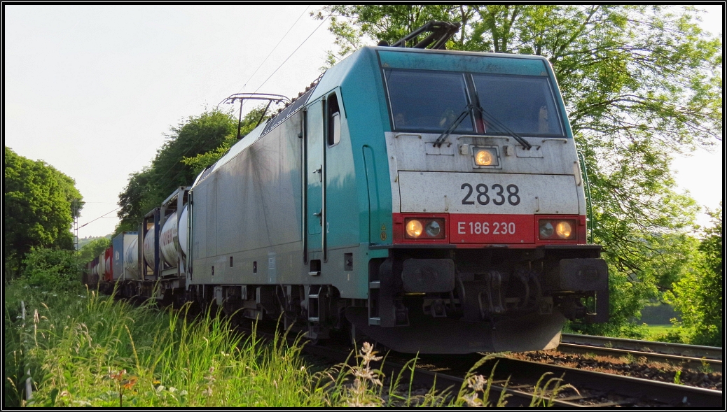 Die Cobra 2838 kommt am frühen Abend des 27.Mai 2015 die Gemmenicher Rampe hinab.
Ein strenger Bremsbelaggeruch lag in der Luft ,da die Lok den Zug abbremsen mußte.
Szenario an der Montzenroute unweit von Aachen.