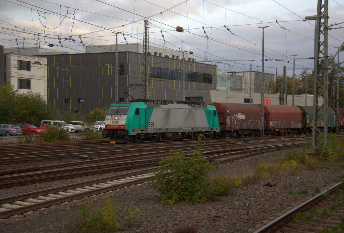 Die Cobra 2838 kommt aus Richtung Montzen/Belgien mit einem Güterzug aus Antwerpen-Noord(B) nach Köln-Gremberg(D) und fährt in Aachen-West ein. 
Aufgenommen vom Bahnsteig in Aachen-West. 
Am Nachmittag vom 5.11.2019.