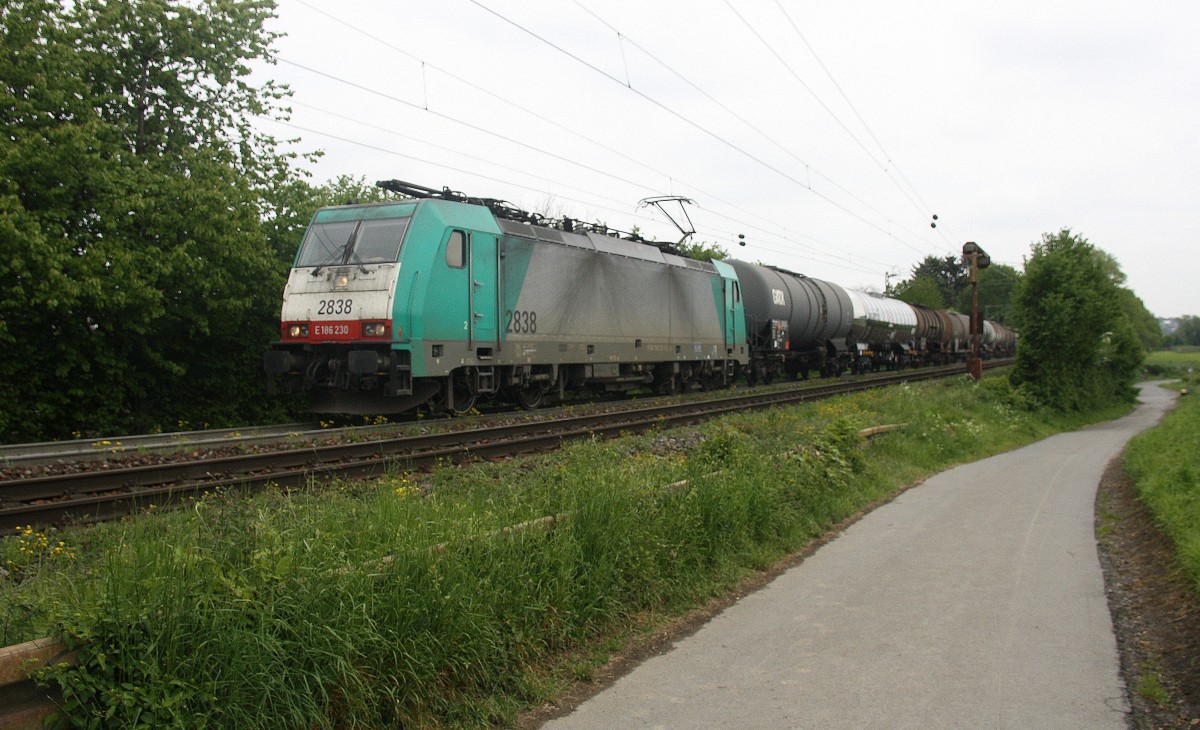 Die Cobra 2838  kommt aus Richtung Aachen-West und fährt die Gemmenicher-Rampe hoch mit einem langen Kesselzug aus Ludwigshafen-BASF nach Antwerpen-BASF(B). 
Aufgenommen an der Montzenroute am Gemmenicher-Weg.
Bei Wolken am Mittag vom 15.5.2015.