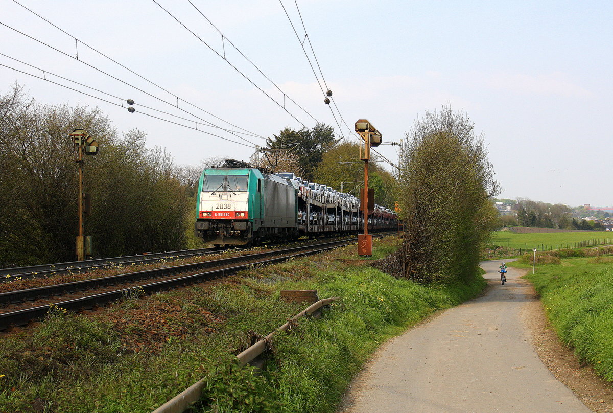 Die Cobra 2838 kommt aus Richtung Aachen-West und fährt die Gemmenicher-Rampe hoch mit einem langen Suzuki-Autozug aus Gelsenkirchen-Bismarck(D) nach Zeebrugge-Pelikaan(B). Aufgenommen an der Gemmenicher-Rampe am Gemmenicher-Weg auf dem Montzenroute. 
Bei schönem Frühlingswetter am Nachmittag vom 2.5.2016.