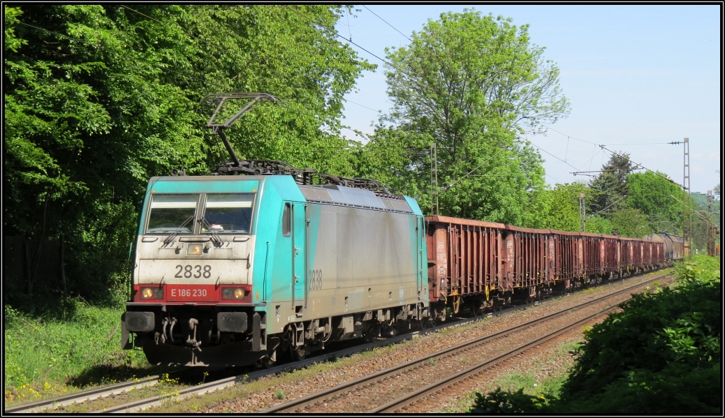 Die Cobra 2838 kommt mit einen gemischten Güterzug aus Aachen West die Gemmenicher Rampe hinauf nach Belgien.Hier zu sehen unweit vom Dreiländereck D,B,NL auf der Montzenroute am 13.Mai 2015.