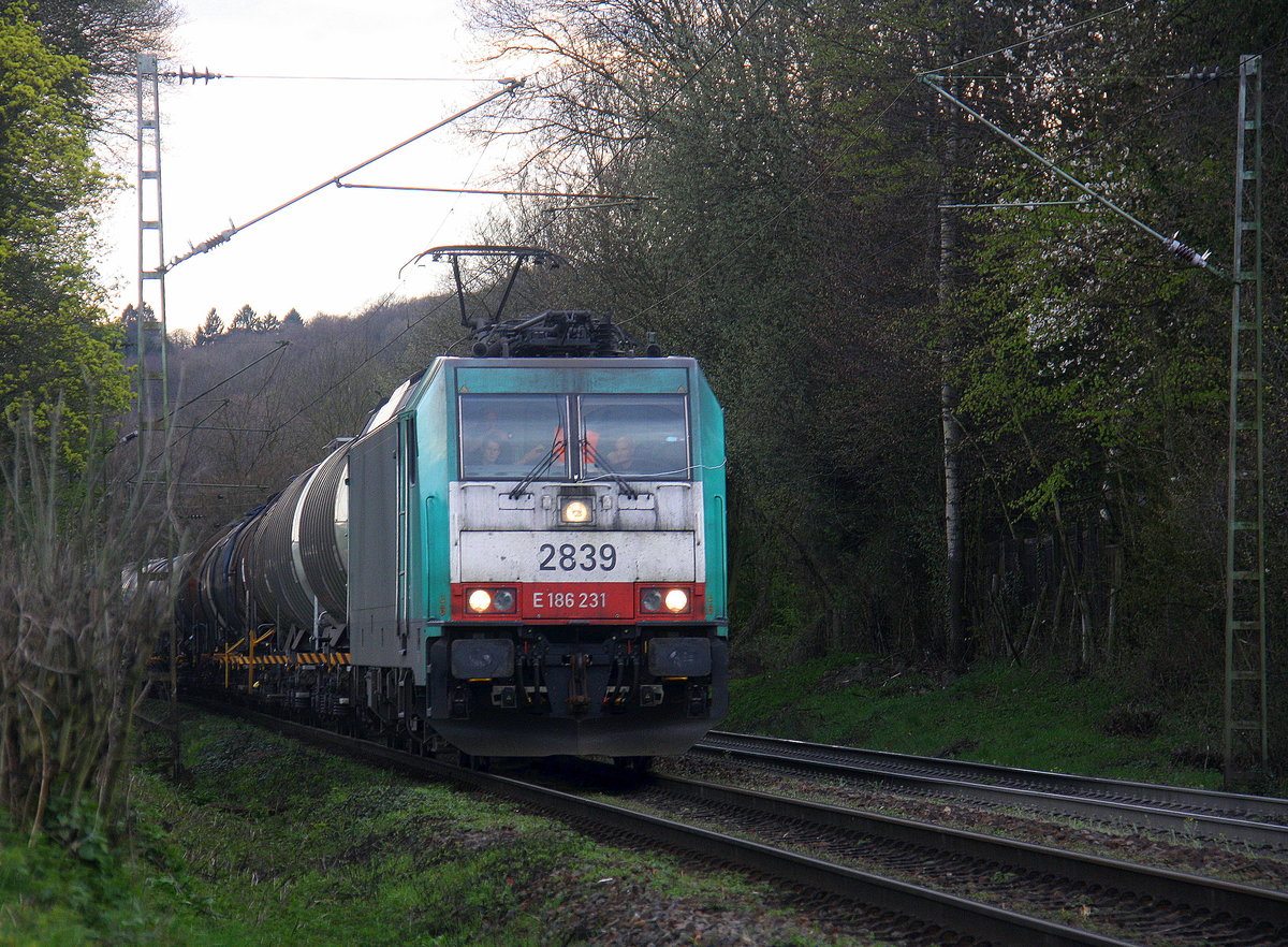 Die Cobra 2839 kommt die Gemmenicher-Rampe herunter nach Aachen-West mit einem Kesselzug aus Antwerpen-Noord(B) nach Burghausen-Wackerwerk(D).
Aufgenommen an der Gemmenicher-Rampe am Gemmenicher-Weg an der Montzenroute. 
Bei Sonne und Wolken am 11.4.2016.