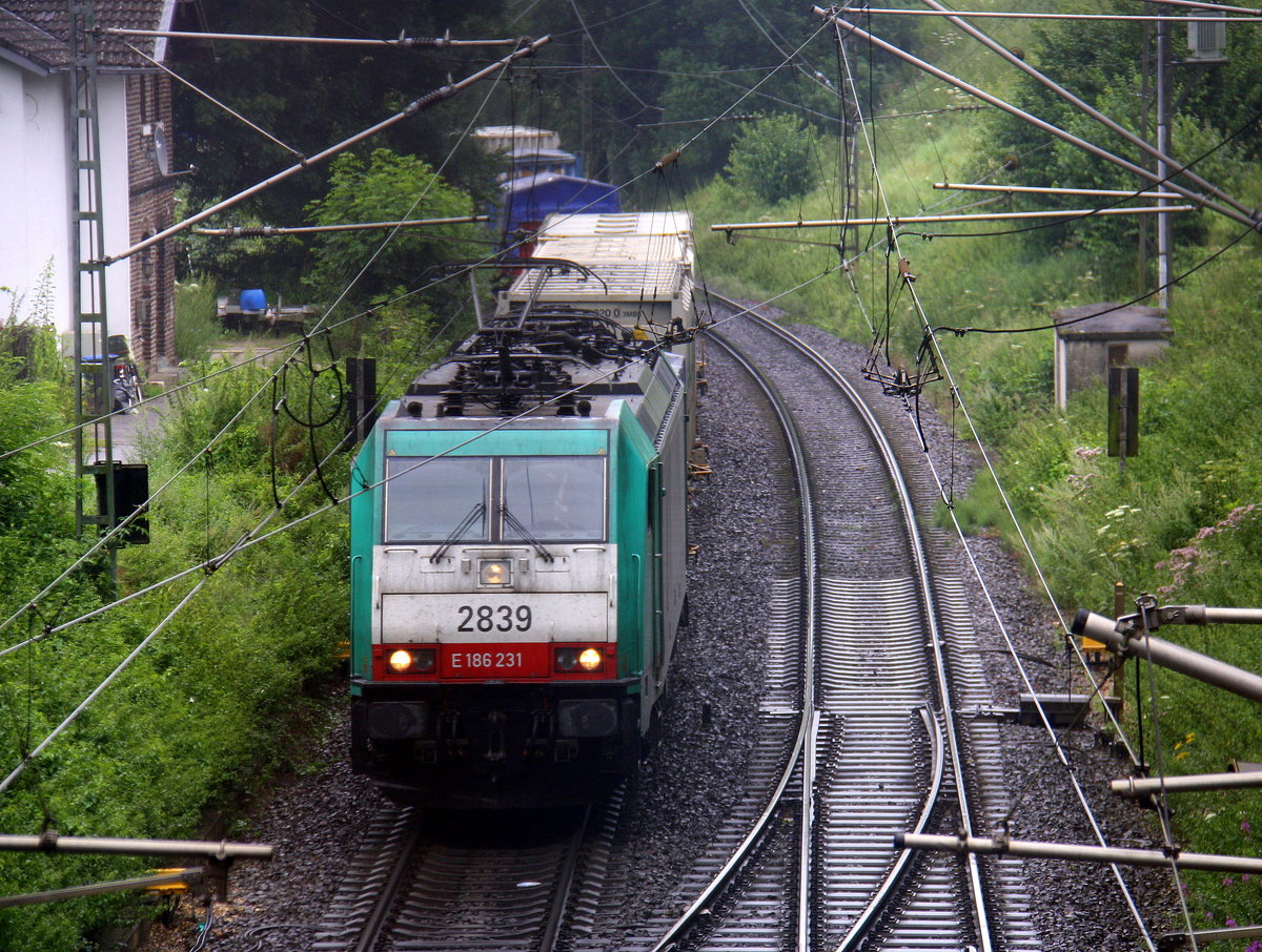 Die Cobra 2839 kommt die Gemmenicher-Rampe hochgefahren aus Aachen-West mit einem Containerzug aus Verona(I) nach Genk(B)  und fährt gleich in den Gemmenicher-Tunnel hinein und fährt in Richtung Montzen/Vise(B). 
Aufgenommen in Reinartzkehl an der Montzenroute. 
Bei Regenwetter am Nachmittag vom 8.8.2016.