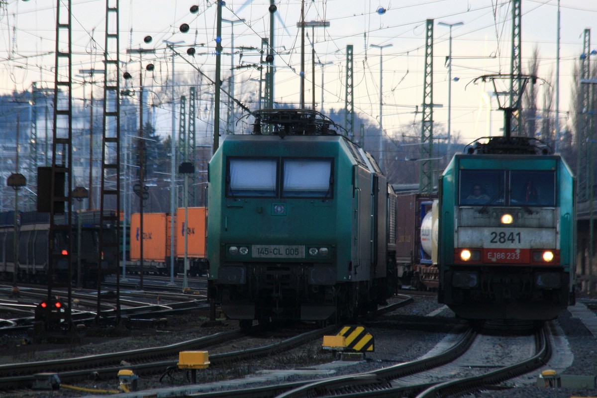 Die Cobra 2841 fährt mit einem langen Containerzug aus Verona(I) nach Antwerpen-Noord(B) bei der Ausfahrt in Aachen-West und fährt in Richtung Montzen/Belgien
auf dem Nebengleis stehen 145 CL-005,185 579-0  Adriana  beide von Crossrail und eine Class 66 DE6306 von DLC Railways stehen auf dem abstellgleis in Aachen-West in am Nachmittag vom 29.12.2013.