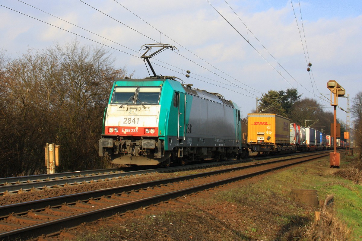 Die Cobra 2841 kommt aus Richtung Aachen-West und fährt die Gemmenicher-Rampe hochgefahren mit einem langen Containerzug aus Verona(I) nach Antwerpen-Noord(B)  und fährt in Richtung Montzen/Belgien. Aufgenommen an der Montzenroute am Gemmenicher-Weg bei schönem Sonnenschein am Nachmittag vom 16.3.2014. 
