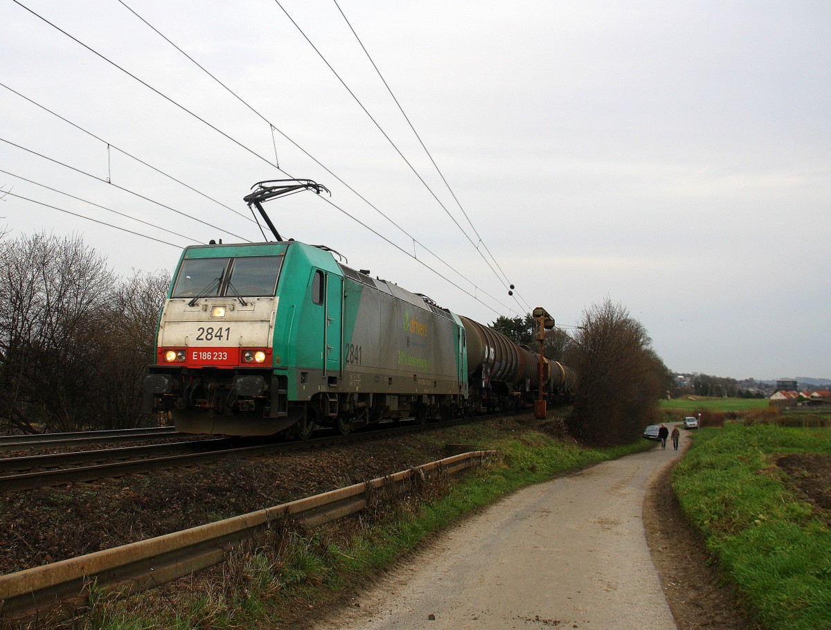Die Cobra 2841 kommt aus Richtung Aachen-West und fährt die Gemmenicher-Rampe hoch mit einem langen Kesselzug aus Ludwigshafen-BASF nach Antwerpen-BASF(B).
Aufgenommen an der Montzenroute am Gemmenicher-Weg. 
Bei Sonne und Wolken am Nachmittag vom 20.12.2015.