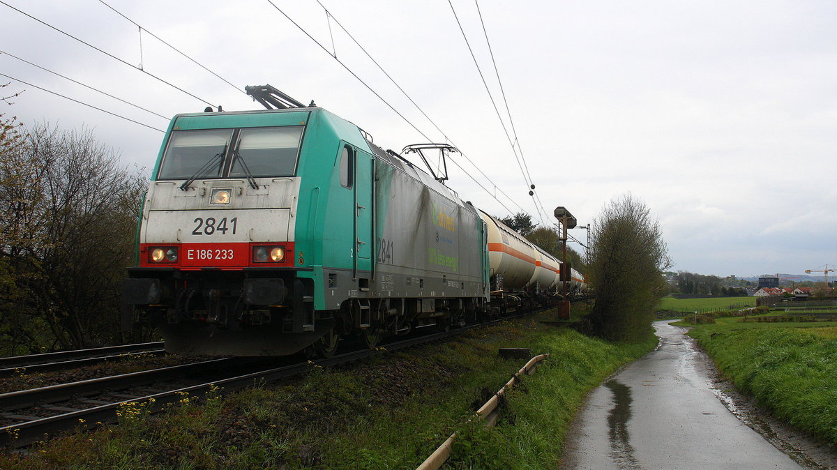 Die Cobra 2841  kommt die Gemmenicher-Rampe auf dem falschen Gleis hochgefahren aus Richtung Aachen-West mit einem langen gemischten Güterzug aus Köln-Gremberg(D) nach Antwerpen-Noord(B) und fährt in Richtung Montzen/Belgien. 
Aufgenommen an der Montzenroute am Gemmenicher-Weg.
Bei Regenwetter am Nachmittag vom 30.4.2016.