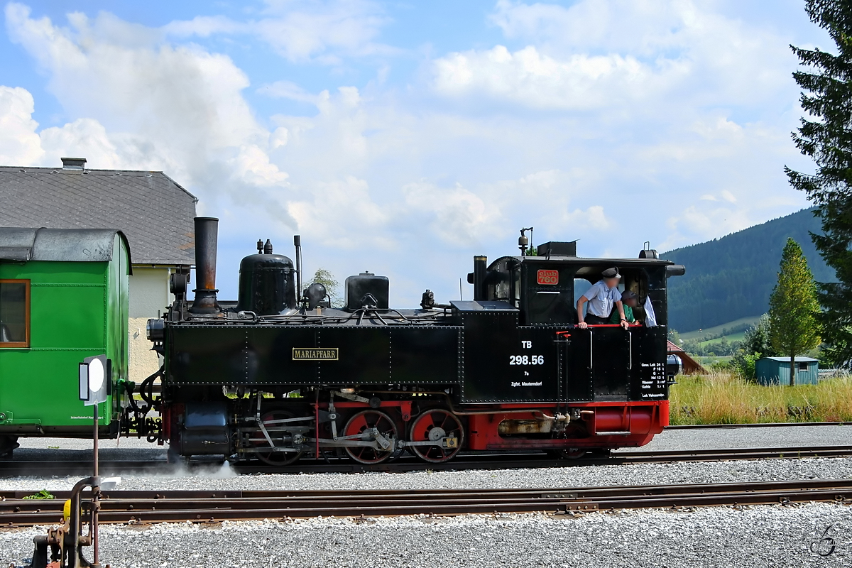 Die Dampflokomotive 298.56  Mariapfarr  wurde 1900 in der Lokomotivfabrik Wien-Floridsdorf als U6 für die damalige Niederösterreichische Landesbahn (NÖLB) gebaut. (Mauterndorf, August 2019)