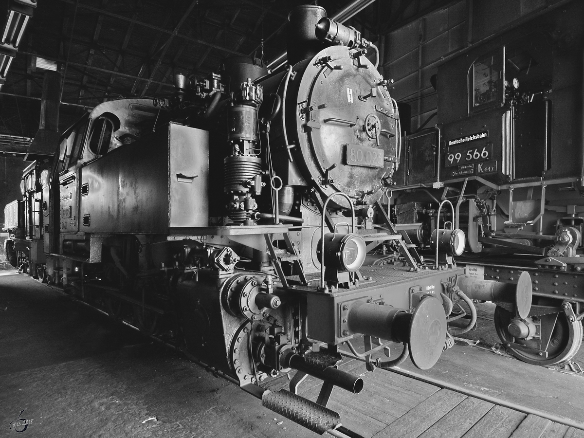 Die Dampflokomotive 80 023 Anfang April 2018 im Sächsischen Eisenbahnmuseum Chemnitz-Hilbersdorf. 