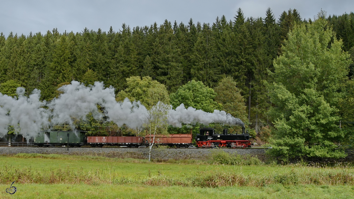 Die Dampflokomotive 99 1594-3 war Ende September 2020 mit einem Güterzug in Richtung Schmalzgrube, so gesehen in der Nähe der Haltestelle Forellenhof.
