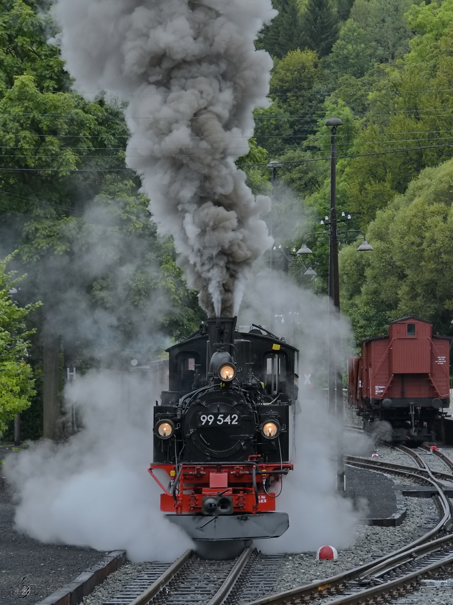 Die Dampflokomotive 99 542 bei der Abfahrt vom Bahnhof Schmalzgrube. (September 2020)