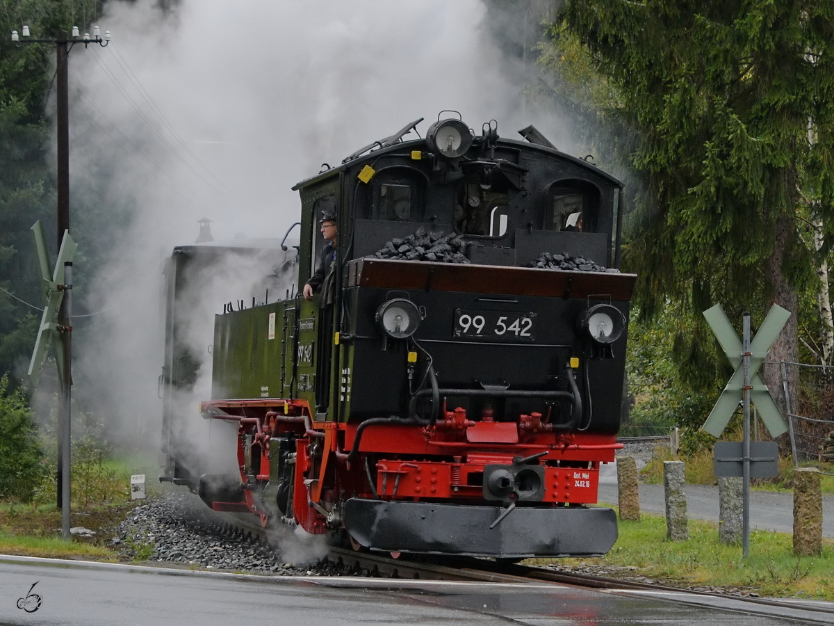 Die Dampflokomotive 99 542 kurz vor der Ankunft am Bahnhof Schmalzgrube. (September 2020)