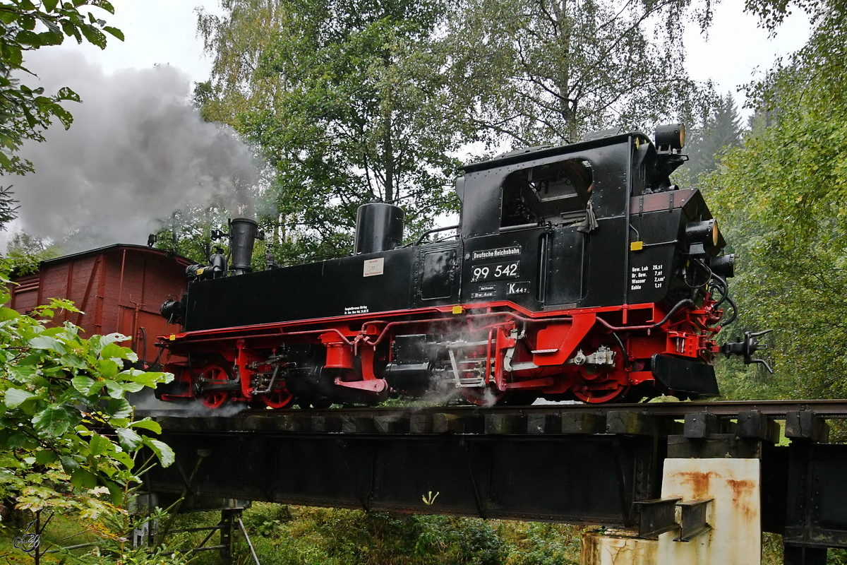 Die Dampflokomotive 99 542 zieht einen Güterzug in Richtung Schmalzgrube, abgelichtet Ende September 2020 auf der Brücke in Schlössel.