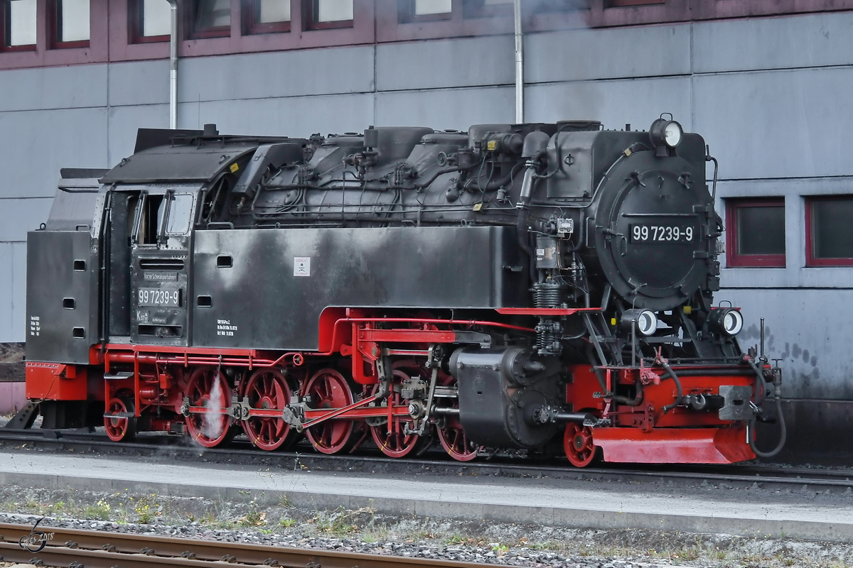 Die Dampflokomotive 99 7239-9 wartet auf den nächsten Einsatz. (Wernigerode, August 2018)