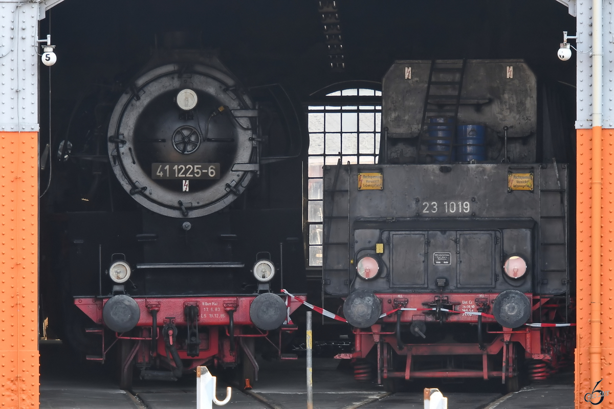 Die Dampflokomotiven 41 1225-6 und 23 1019 Anfang April 2018 im Sächsischen Eisenbahnmuseum Chemnitz-Hilbersdorf. 