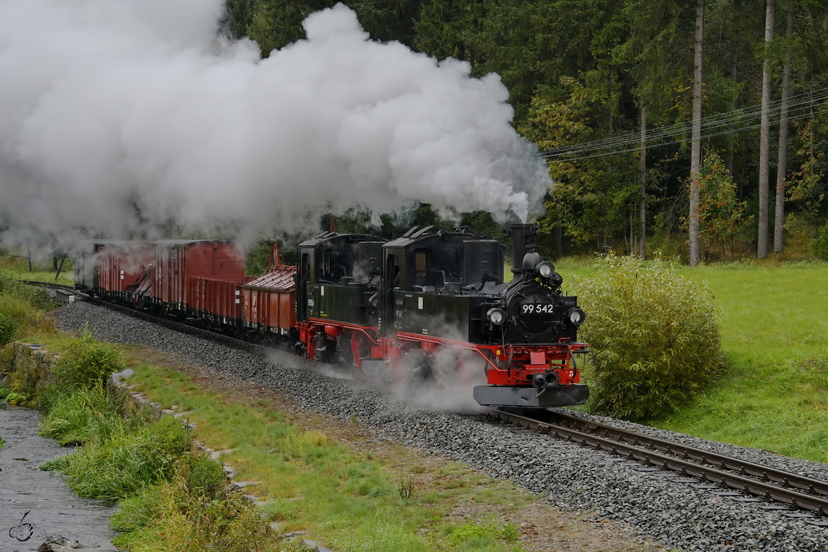 Die Dampflokomotiven 99 542 und 99 1594-3 ziehen gemeinsam einen Güterzug in Richtung Jöhstadt. (bei Schlössel, September 2020)