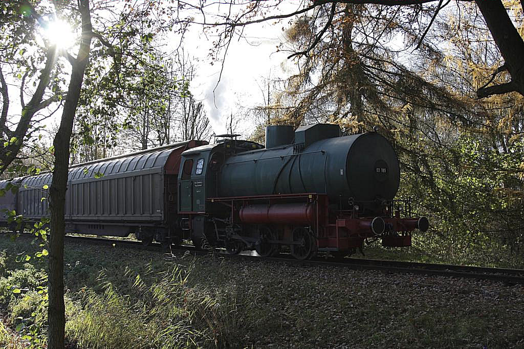 Die Dampfspeicherlok der Fa. Schoeller aus Osnabrück schiebt am 26.11.2013 im Gegenlicht Güterwagen zum Übergabe Gleis am alten Bahnhof Lüstringen.
