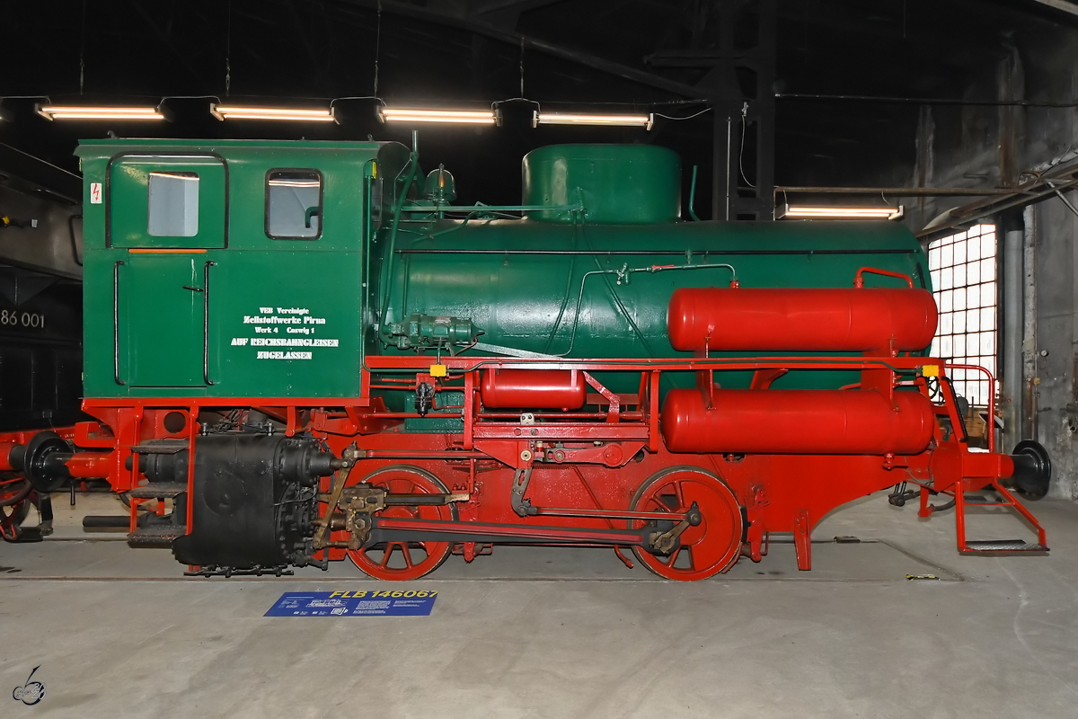 Die Dampfspeicherlokomotive LKM FLB, Nr. 146067 wurde 1956 gebaut. (Sächsisches Eisenbahnmuseum Chemnitz-Hilbersdorf, September 2020)
