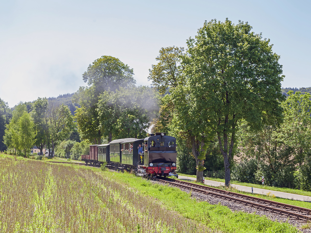 Die Damplok  WN 12 mit Historischer Zug der Härtsfeld-Museumsbahn kurz vor dem Bahnhof Neresheim am 11. August 2019.