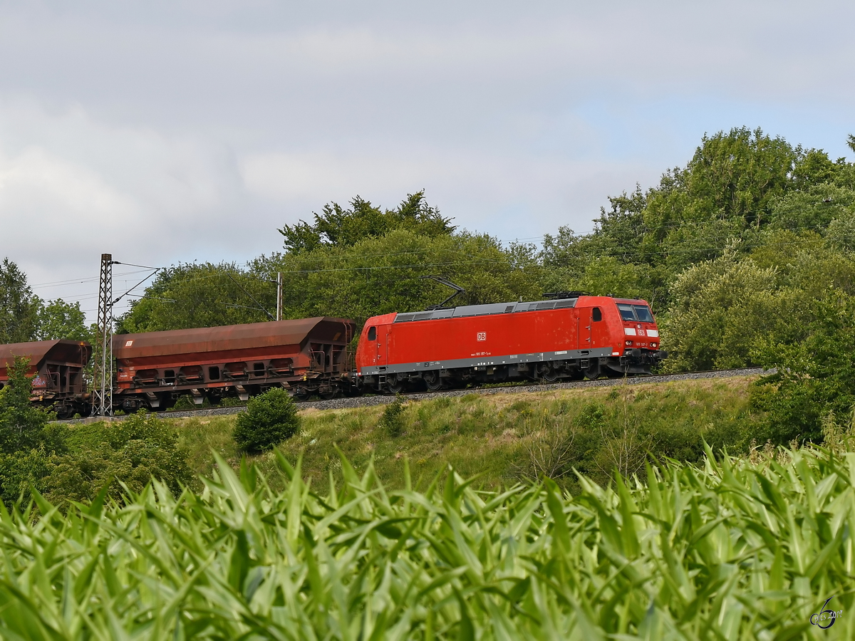 Die DB-Elektrolokomotive 185 197-1 vor einem Güterzug Anfang Juli 2019 in der Nähe von Altenbeken.
